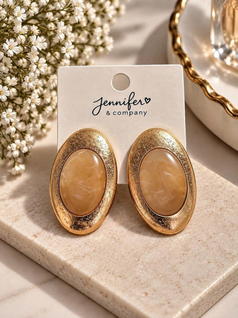 Jennifer & Company Oval Statement Earrings in Gold & Orange NWT